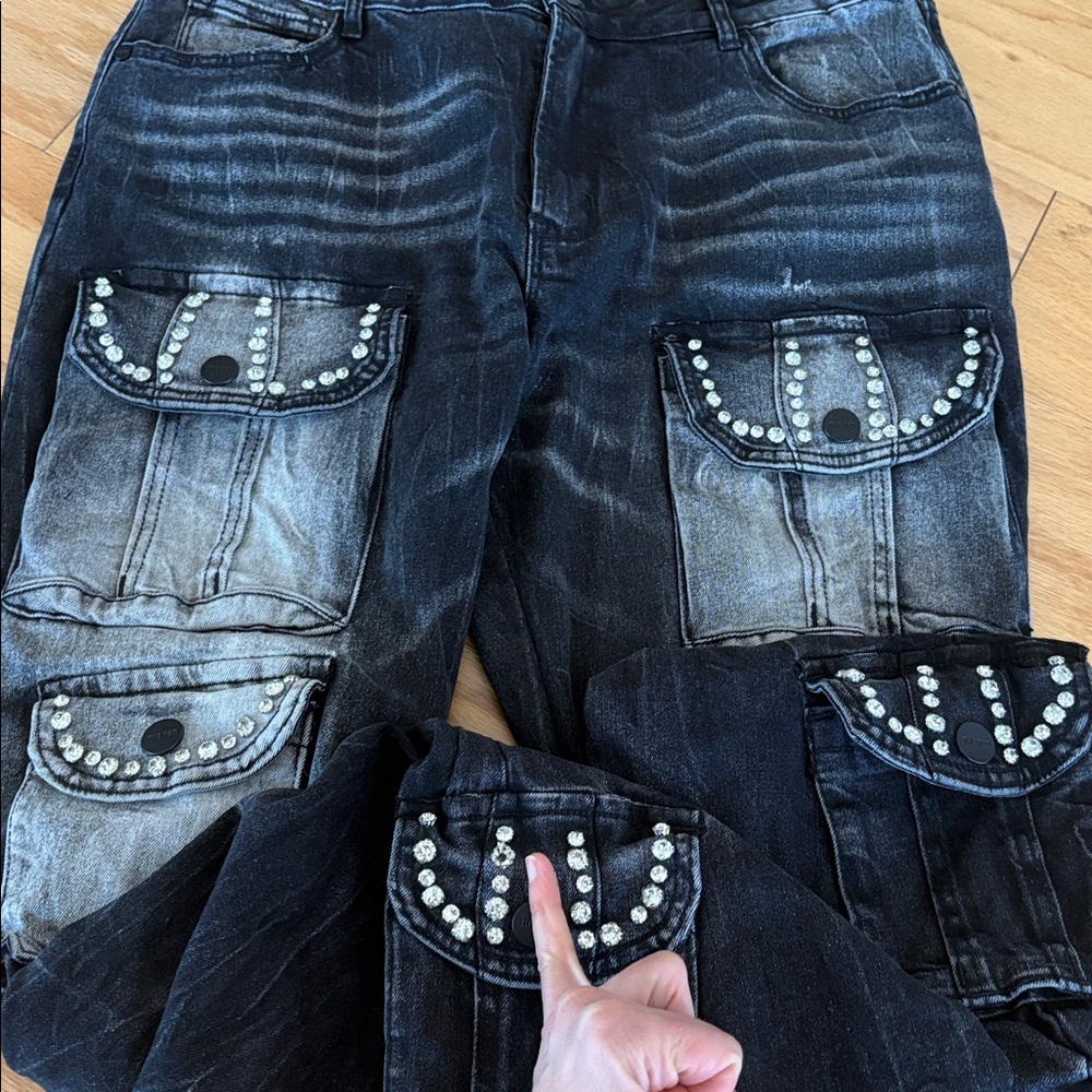 Smoke rise XL $110 Women's High Rise Rhinestone Stacked Jeans Pant storm black - Picture 14 of 14